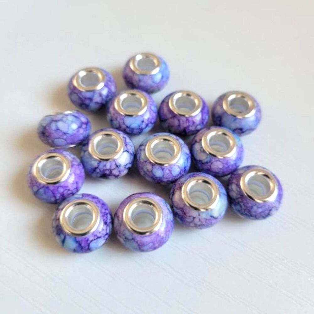 For Pandora 16 Lavender And Silver Watercolor Large Hole European Charm Beads